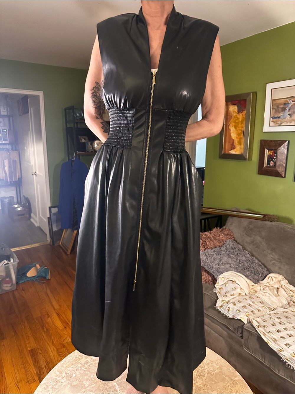 Gothic Smock Waist Sleeveless Black Faux-Leather Zip Front Midi Dress